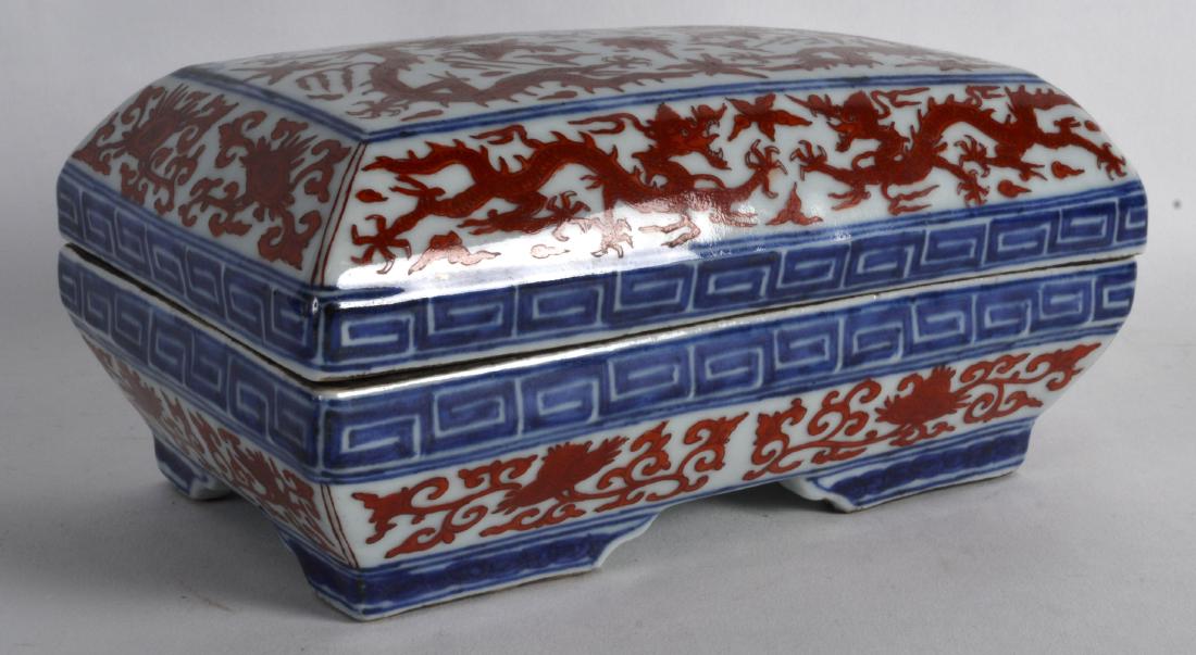 AN UNUSUAL CHINESE IRON RED GLAZED BLUE AND WHITE BOX (1 of 2)