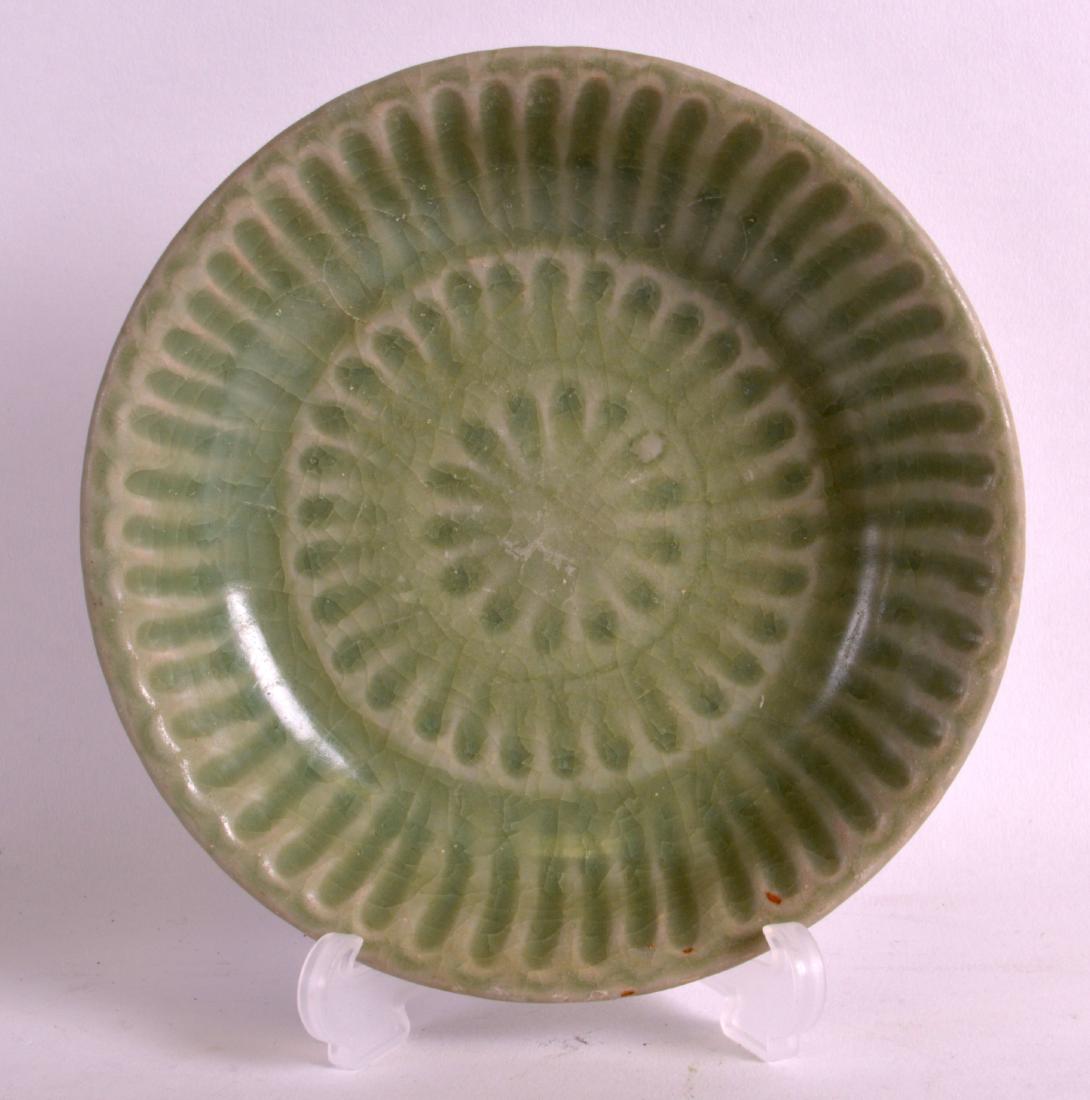 A CHINESE YUAN/MING DYNASTY CELADON DISH with all over (1 of 2)