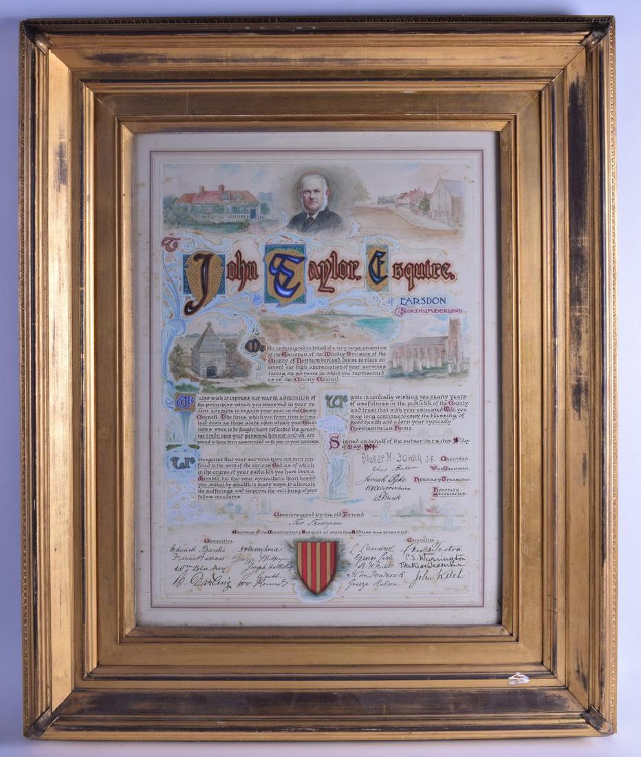 A LARGE FRAMED EARLY 20TH CENTURY COMMERATIVE: A LARGE FRAMED EARLY 20TH CENTURY COMMERATIVE WATERCOLOUR presented to John Taylor Esquire. 45 cm x 62 cm.