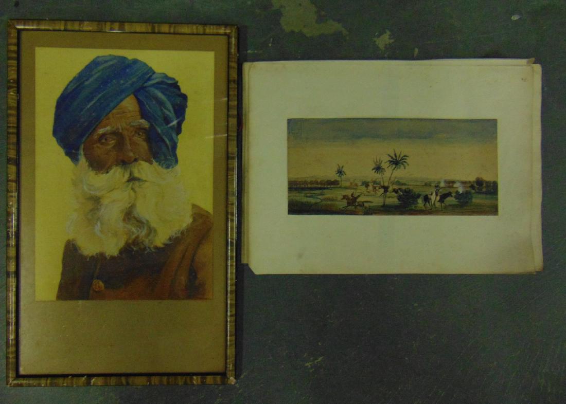 AN UNUSUAL UNFRAMED 19TH CENTURY WATERCOLOUR depicting: AN UNUSUAL UNFRAMED 19TH CENTURY WATERCOLOUR depicting figures at battle, together with a framed watercolour of an Eastern male. Signed. (2)