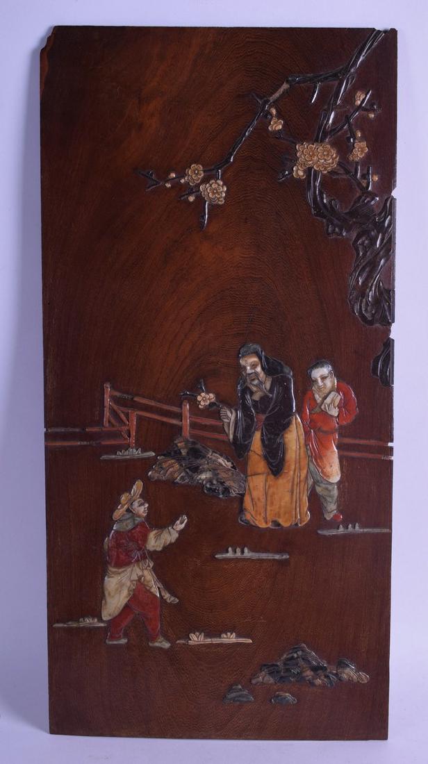 A 19TH CENTURY CHINESE HARDWOOD HARDSTONE INSET PANEL (1 of 2)