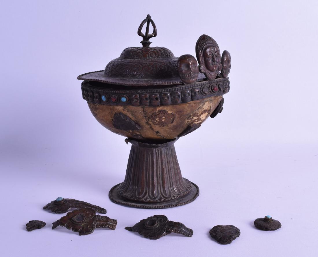 A RARE 19TH CENTURY TIBETAN COPPER MOUNTED SKULL CUP OR (1 of 2)