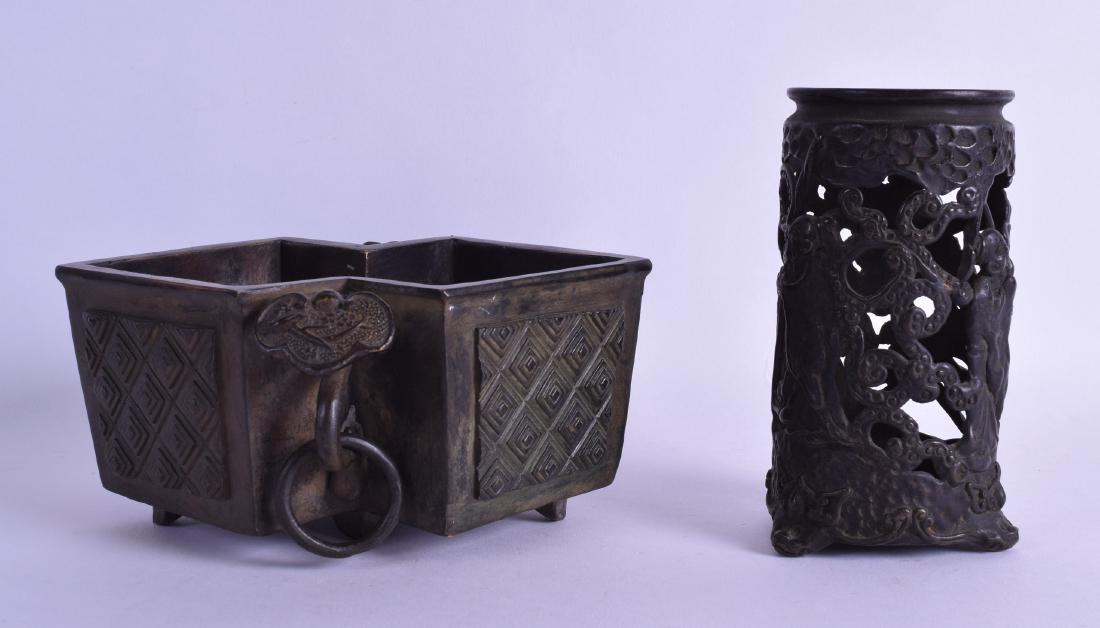 A CHINESE LOZENGE SHAPED BRONZE CENSER bearing Qianlong (1 of 9)