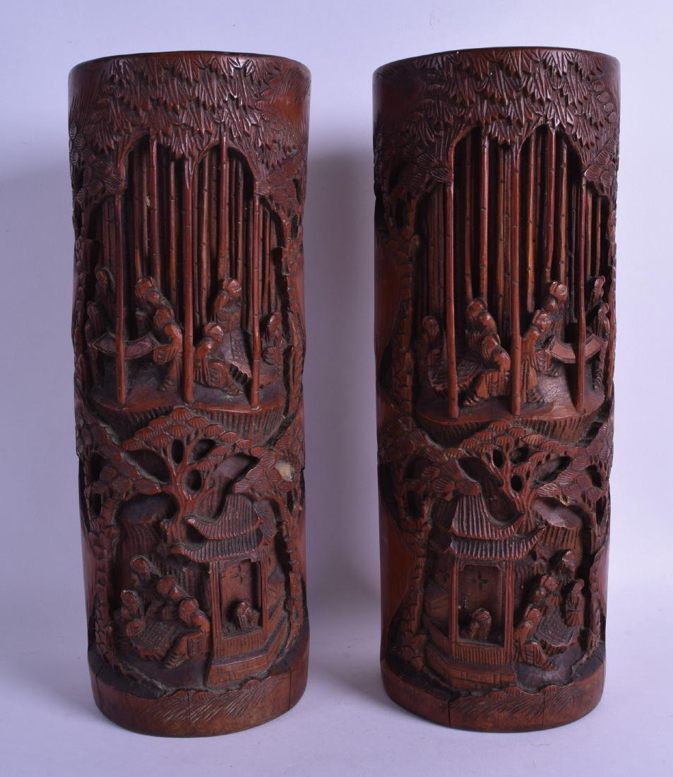 A PAIR OF 19TH CENTURY CHINESE CARVED BAMBOO BRUSH POTS (1 of 2)