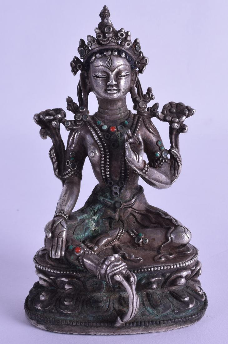 AN UNUSUAL CHINESE SINO TIBETAN SILVERED BRONZE FIGURE (1 of 3)