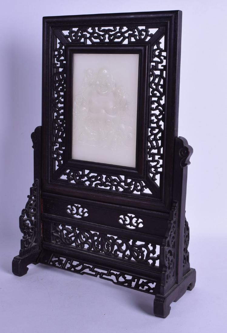 A CHINESE CARVED HARDWOOD AND JADE TABLE SCREEN ON (1 of 2)