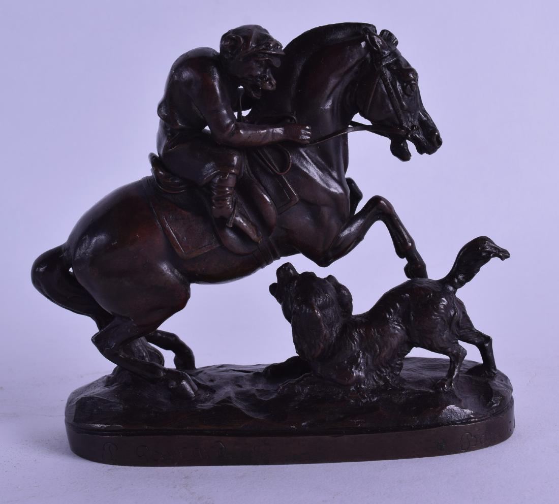 Paul Gayrard (19th Century) An amusing bronze study of: Paul Gayrard (19th Century) An amusing bronze study of a monkey riding upon a horse, being attacked by a hound. 13 cm x 11 cm.