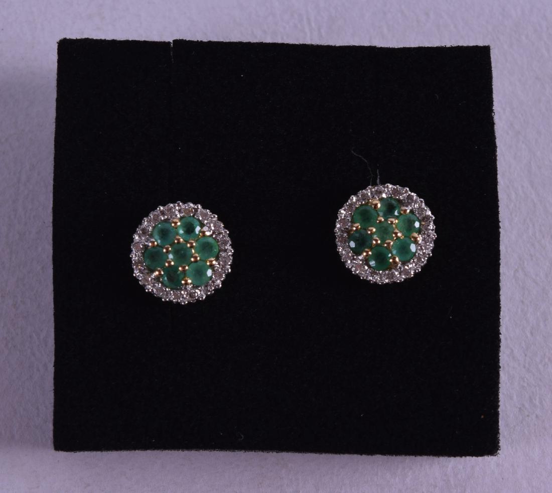 A PAIR OF 9CT GOLD EMERALD AND DIAMOND EARRINGS. (1 of 1)