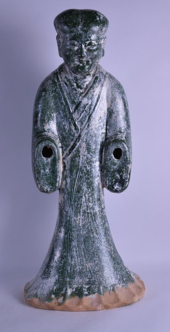 A VERY LARGE CHINESE GREEN GLAZED POTTERY FIGURE OF A (1 of 2)