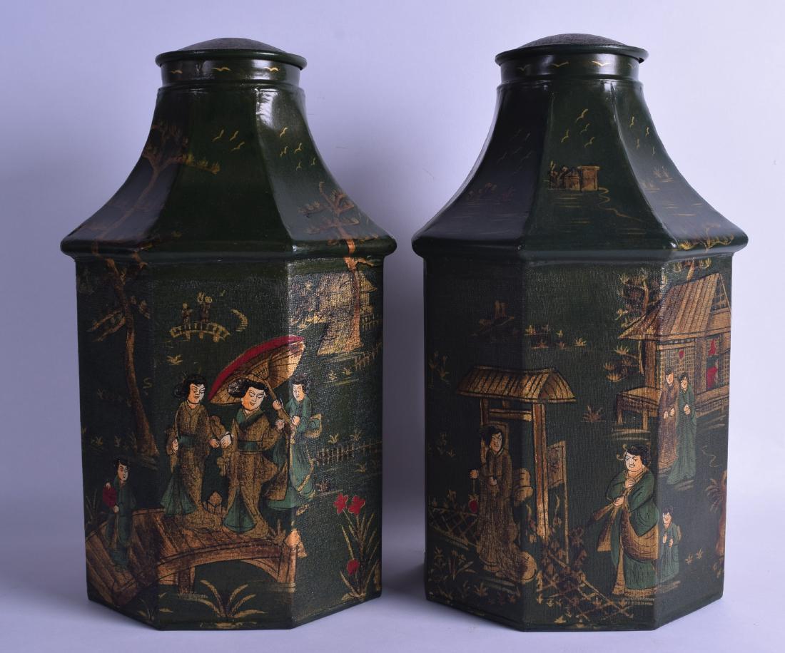 A PAIR OF GEORGE III STYLE LACQUERED TIN TEA CANISTERS (1 of 1)