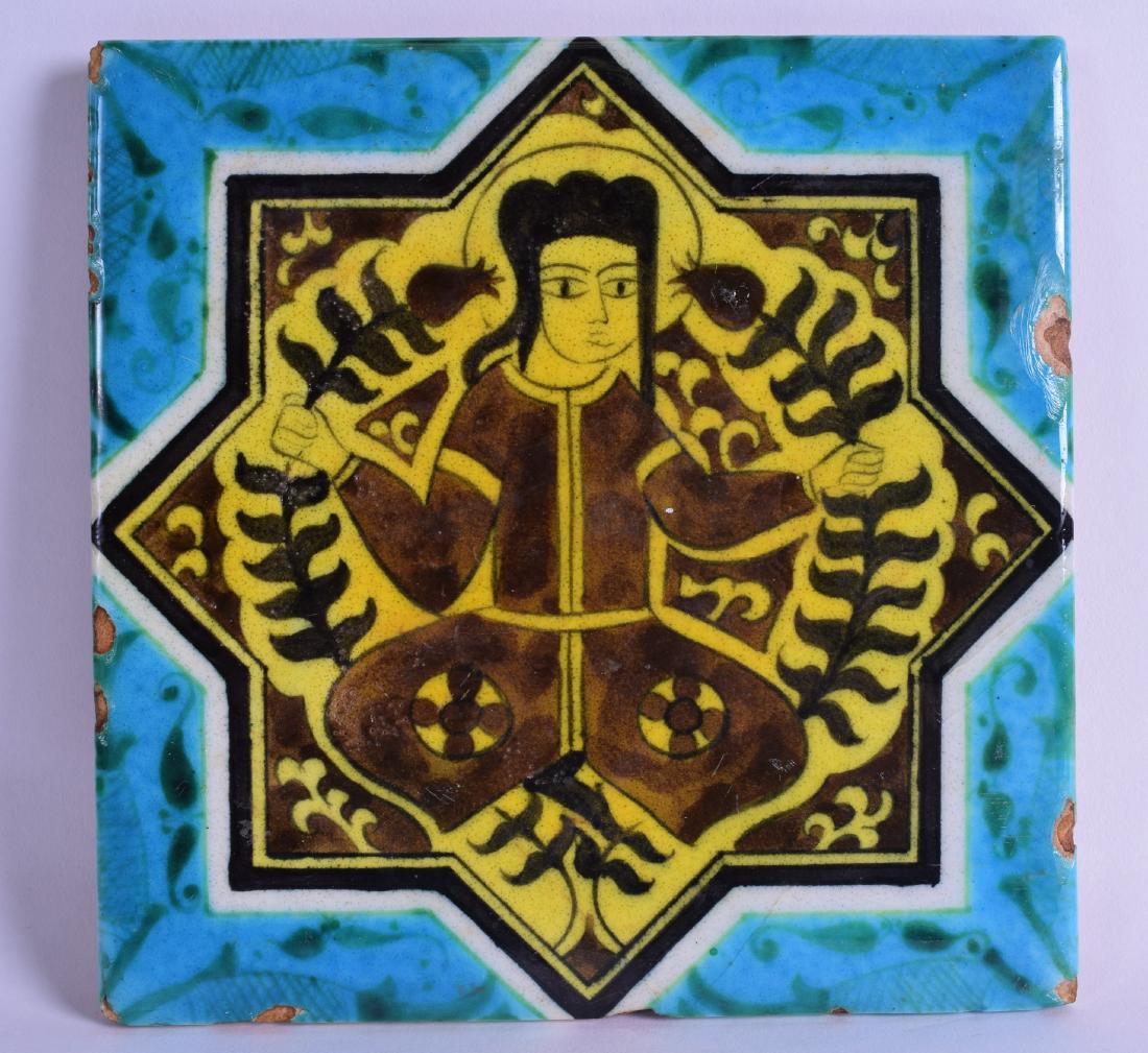AN ISLAMIC BLUE GLAZED SQUARE FORM POTTERY TILE painted (1 of 1)