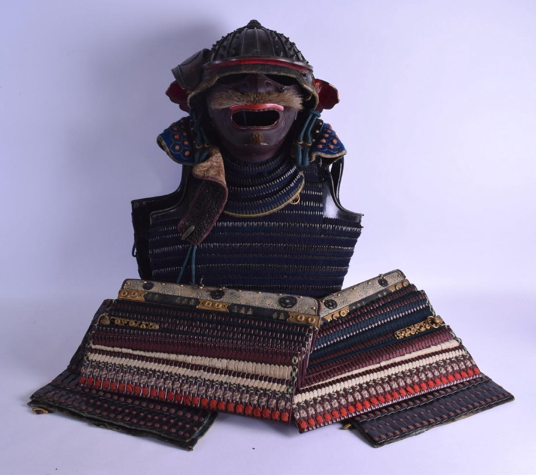 A FINE 18TH CENTURY JAPANESE EDO PERIOD FULL SAMURAI: A FINE 18TH CENTURY JAPANESE EDO PERIOD FULL SAMURAI SUIT including helmet and mask, with engraved brass mounts and stud work decoration. (qty)