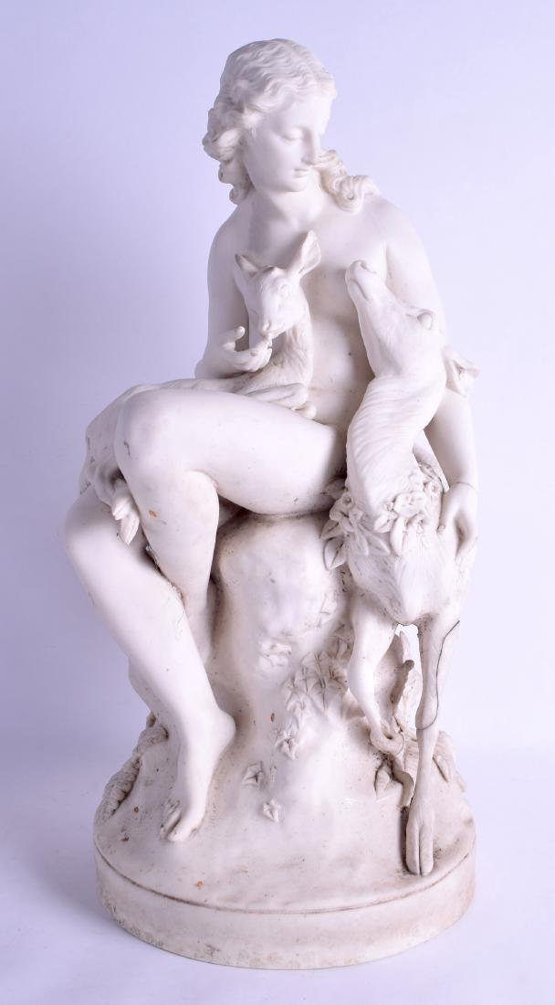 Charles Bell Birch (1832-1893) A large mid 19th century: Charles Bell Birch (1832-1893) A large mid 19th century parian ware figure of a wood nymph, faun and doe. 48 cm high.