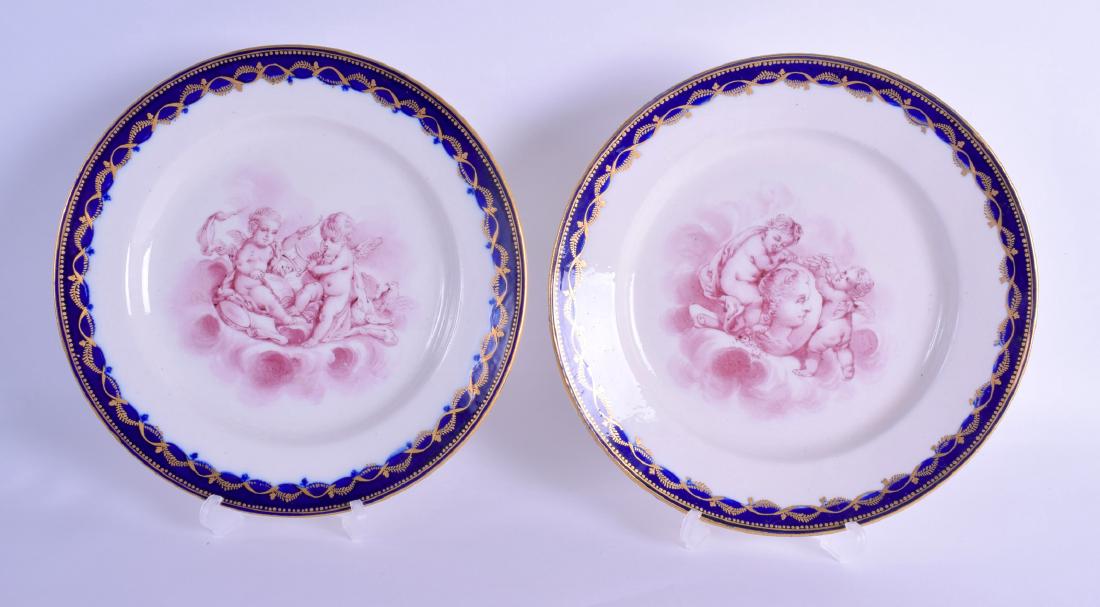 18th c. Tournai pair of plates painted with cherubs: 18th c. Tournai pair of plates painted with cherubs after Boucher depicting the Arts probably by Fidelle Duvivier, gold crossed swords with x's, a blue M and incised marks. NB The Boston Museum of Fin