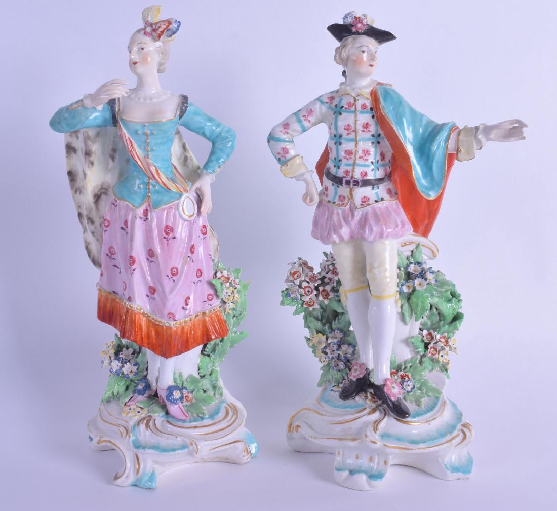 18th c. Derby pair of figure of Ranelagh Dancers on: 18th c. Derby pair of figure of Ranelagh Dancers on turquoise rococo bases. 23cm High