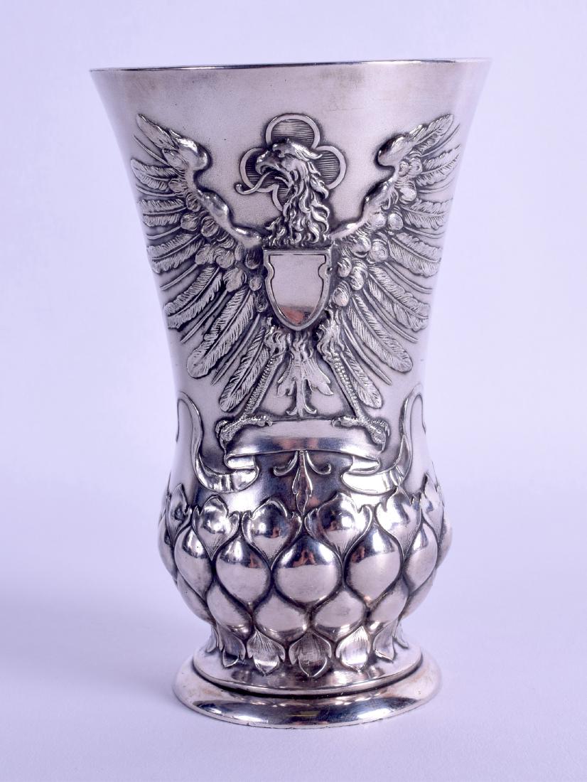 A RARE ART NOUVEAU WMF SILVER PLATED BEAKER decorated: A RARE ART NOUVEAU WMF SILVER PLATED BEAKER decorated in relief with an imperial Russian eagle. 12.5 cm high.