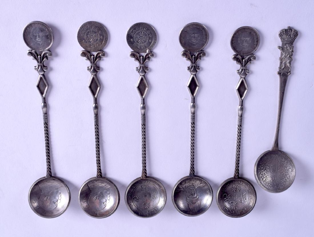 AN UNUSUAL SET OF SIX CHINESE SILVER SPOONS inset with (1 of 1)