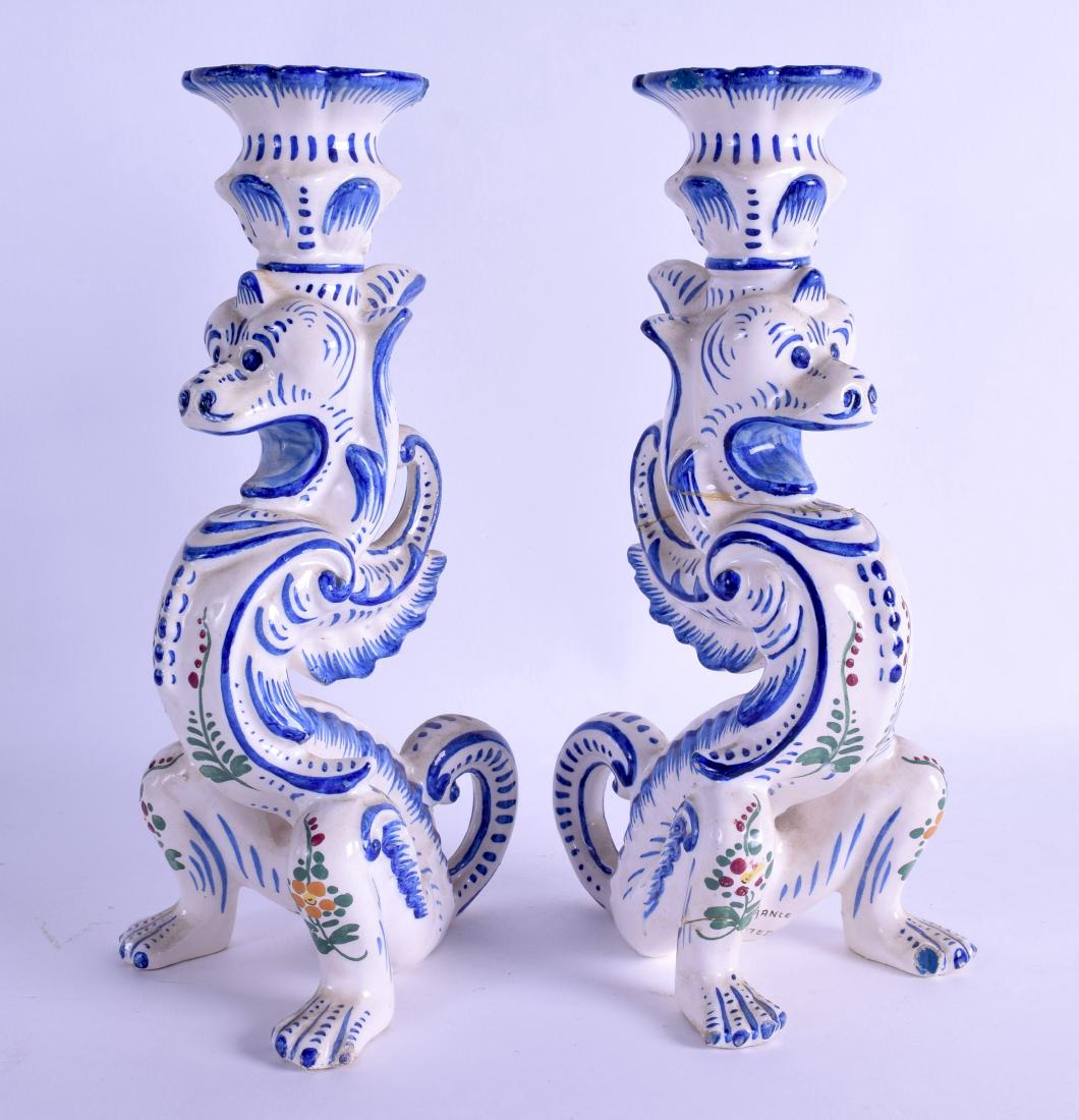 AN UNUSUAL PAIR OF FRENCH FAIENCE POTTERY CANDLESTICKS (1 of 1)