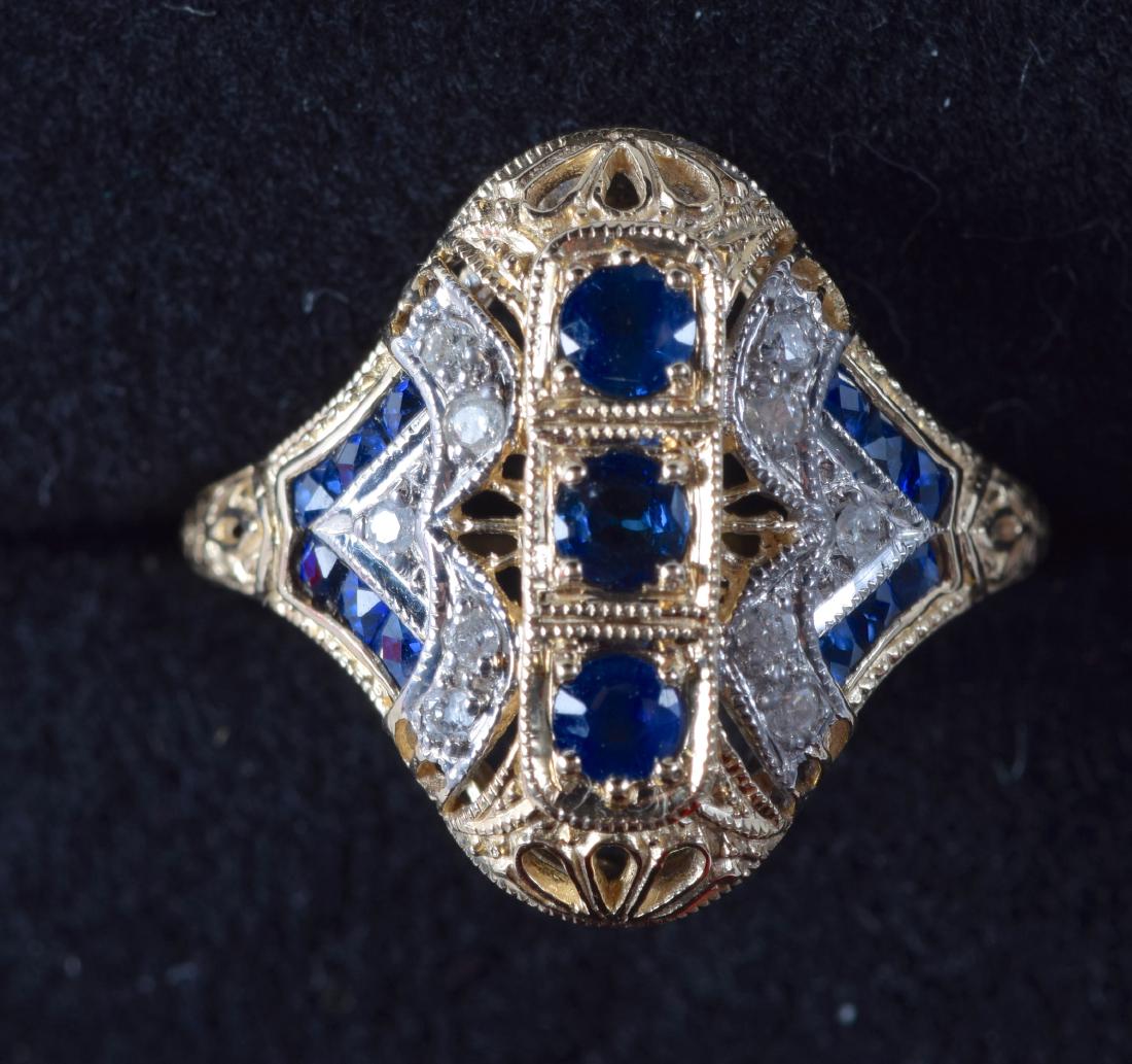 A 9CT GOLD SAPPHIRE AND DIAMOND DECO STYLE RING. Size (1 of 3)