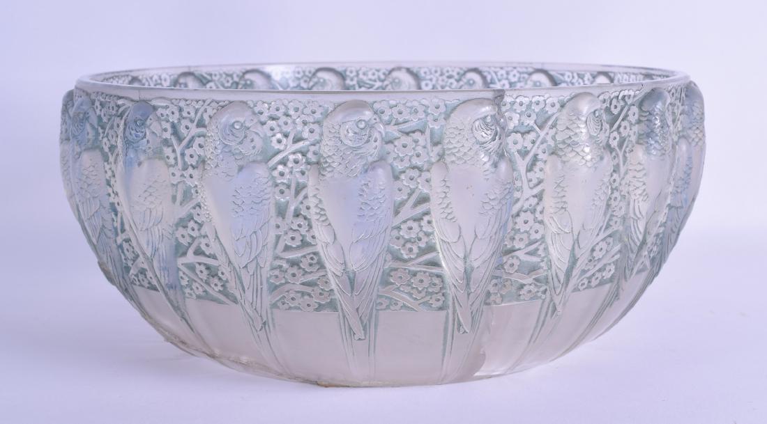 A STYLISH RENE LALIQUE FRENCH PARAKEETS GLASS BOWL: A STYLISH RENE LALIQUE FRENCH PARAKEETS GLASS BOWL decorated with repeating birds amongst foliage. 24 cm diameter.