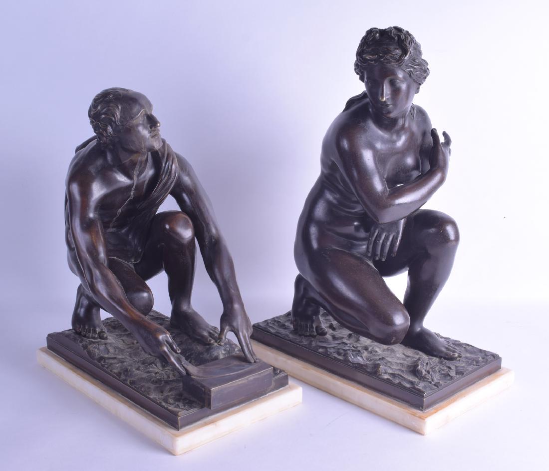 A FINE LARGE PAIR OF 19TH CENTURY EUROPEAN BRONZE: A FINE LARGE PAIR OF 19TH CENTURY EUROPEAN BRONZE FIGURES OF VENUS AND ARROTINO after Antoine Coysevox & Giovanni Battista Foggini. 27 cm x 40 cm. Note: See Sothebys 8th July Old Master Sale Lot 67 fo