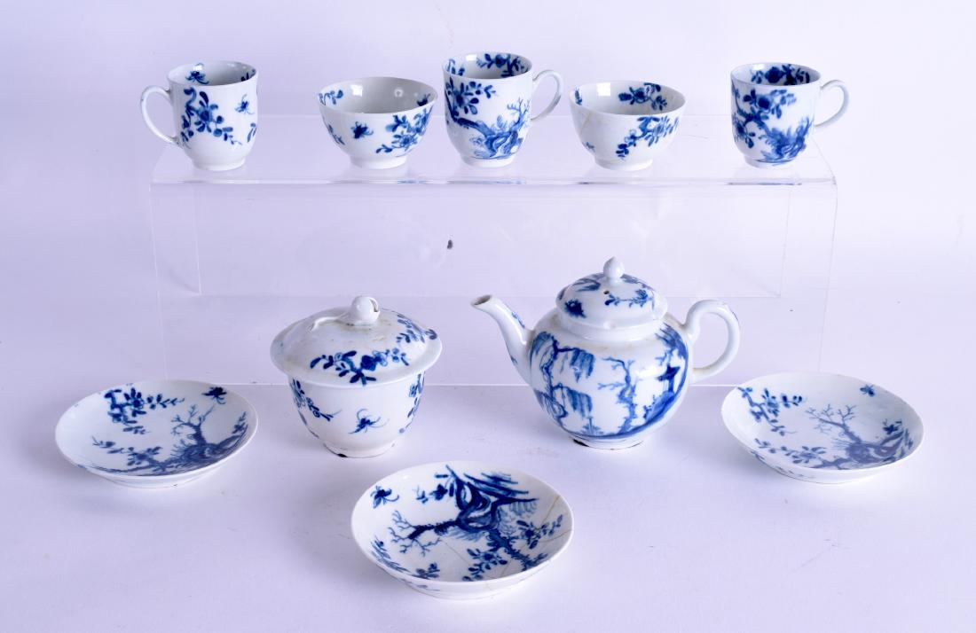 A RARE 18TH CENTURY WORCESTER BLUE AND WHITE TEA SET: A RARE 18TH CENTURY WORCESTER BLUE AND WHITE TEA SET comprising of a toy teapot painted with the landslip pattern, a toy sugar basin painted with the prunus root pattern, three cups & saucers & two te