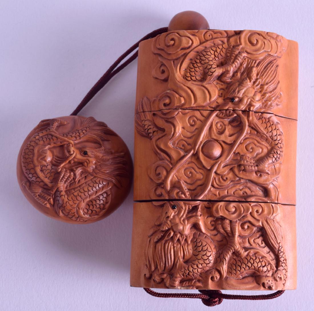 A JAPANESE CARVED BOXWOOD THREE SECTION INRO carved (1 of 2)