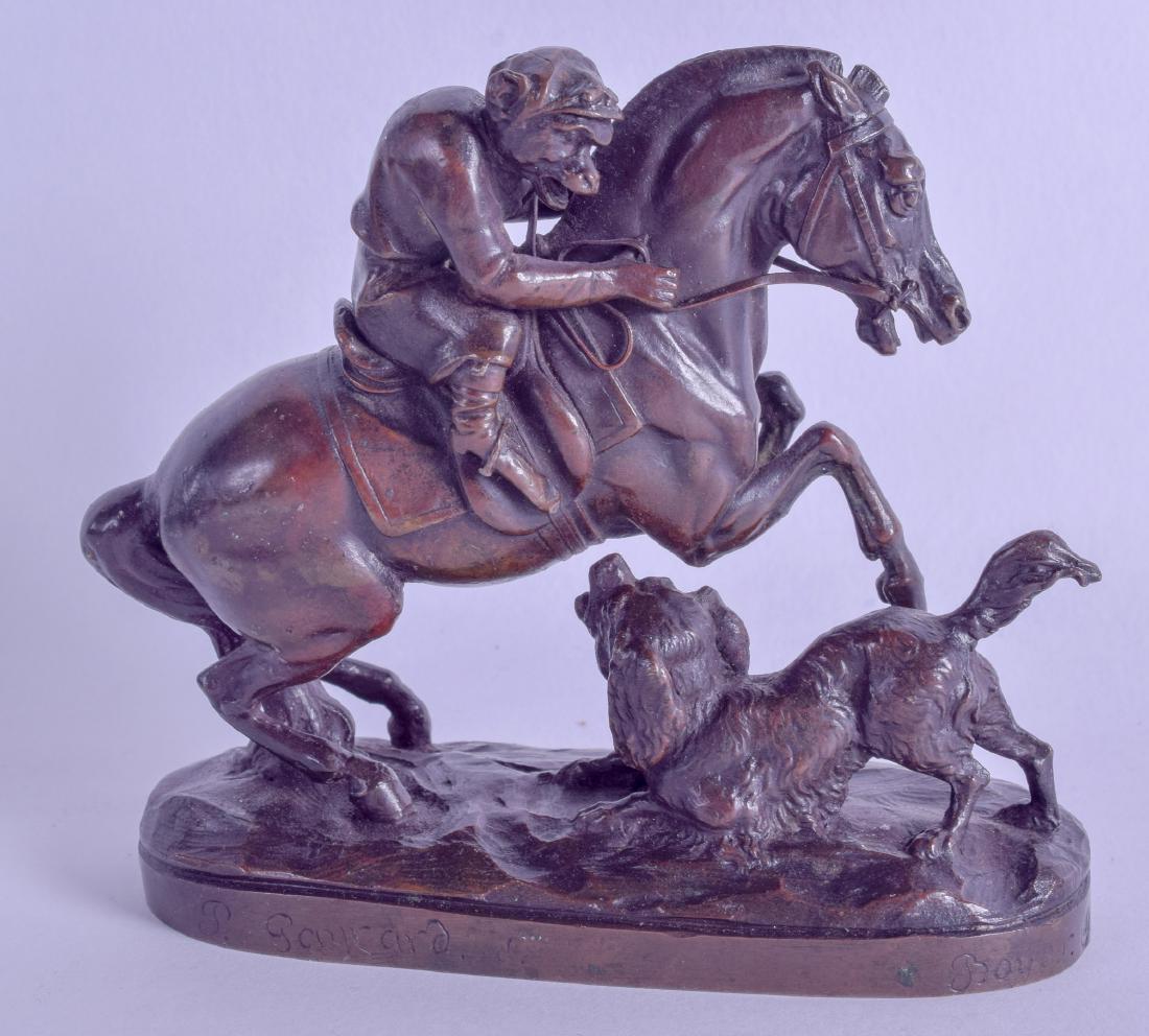 PAUL JOSEPH RAYMOND GAYRARD (1807-1855) A LOVELY 19TH: PAUL JOSEPH RAYMOND GAYRARD (1807-1855) A LOVELY 19TH CENTURY FRENCH BRONZE FIGURE modelled as a monkey riding upon a rearing horse. 12 cm wide.