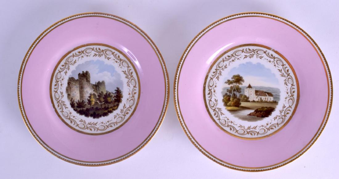 Early 19th c. Flight Barr and Barr pair of plates: Early 19th c. Flight Barr and Barr pair of plates painted with named views ‘Leeds Church .. Kent’ and ‘Amberley Castle Sussex’, Royal circular printed mark and impressed mark. 21cm wide