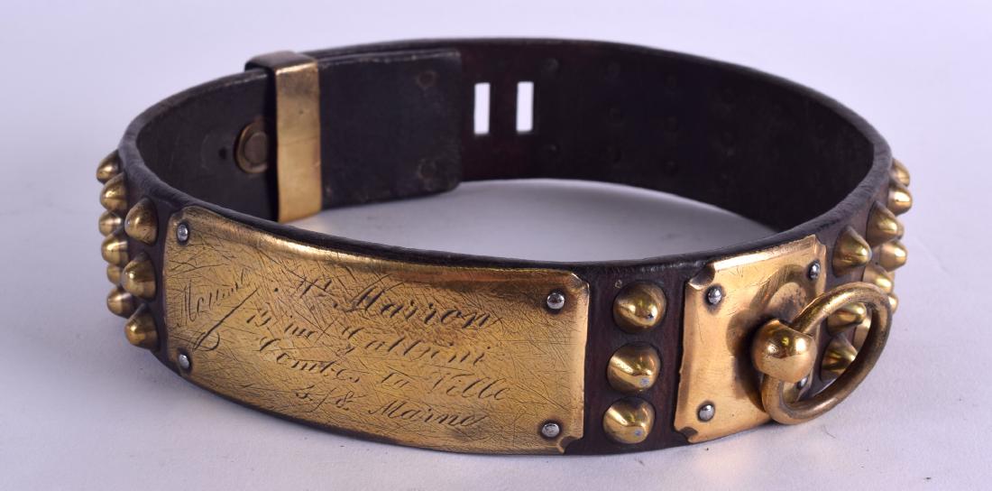AN 18TH CENTURY BRASS AND LEATHER DOG COLLAR with open (1 of 2)