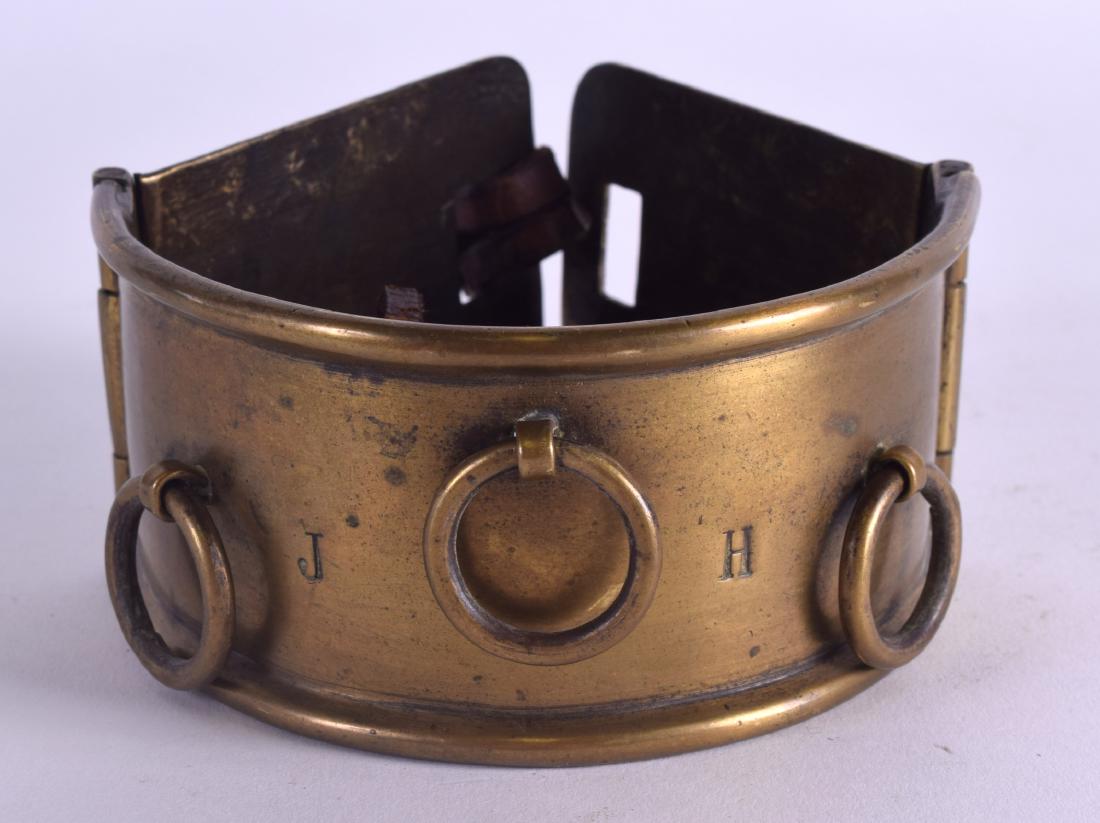 AN 18TH CENTURY BRASS AND LEATHER DOG COLLAR with (1 of 2)