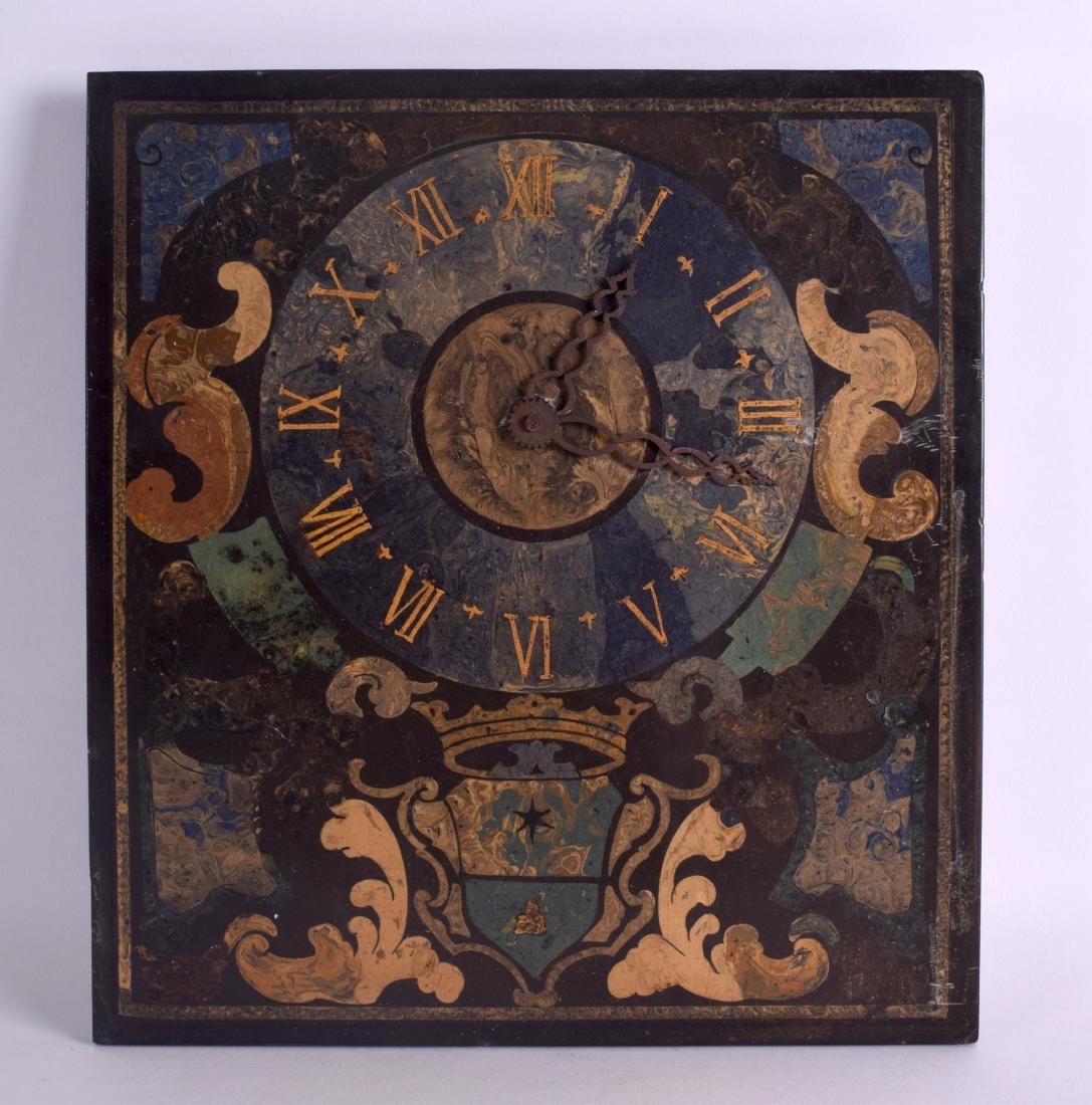 AN UNUSUAL 19TH CENTURY PAINTED MIXED MARBLE SLATE: AN UNUSUAL 19TH CENTURY PAINTED MIXED MARBLE SLATE SQUARE FORM CLOCK decorated with a coat of arms and motifs. 27 cm x 30 cm.