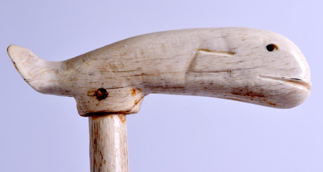 A RARE 19TH CENTURY CARVED WHALE BONE WALKING CANE with: A RARE 19TH CENTURY CARVED WHALE BONE WALKING CANE with naively carved terminal. 93 cm x 12 cm.