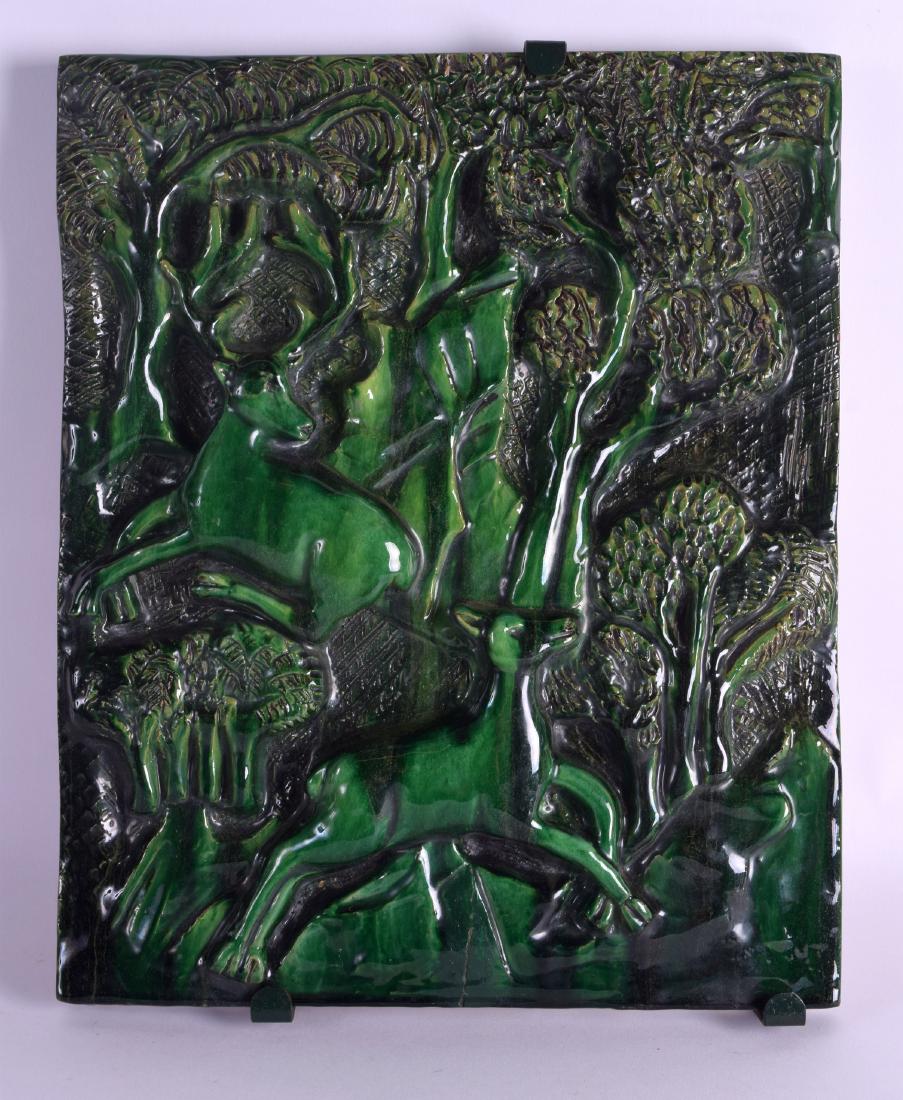 A LARGE FRENCH ART DECO MALACHITE POTTERY TILE (1 of 2)