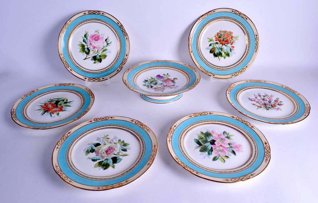 A 19TH CENTURY ENGLISH PORCELAIN TEA SERVICE painted: A 19TH CENTURY ENGLISH PORCELAIN TEA SERVICE painted with floral sprays under a turquoise ground. 22 cm wide. (7)