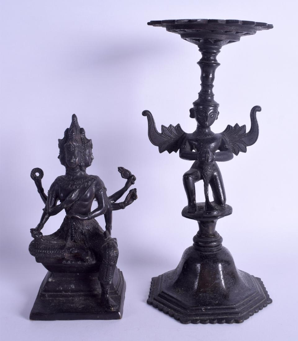 A 19TH CENTURY INDIAN BRONZE FIGURE OF A KNEELING: A 19TH CENTURY INDIAN BRONZE FIGURE OF A KNEELING BUDDHIST GOD together with a smaller Indian bronze multi headed buddha. 29 cm & 21 cm high. (2)