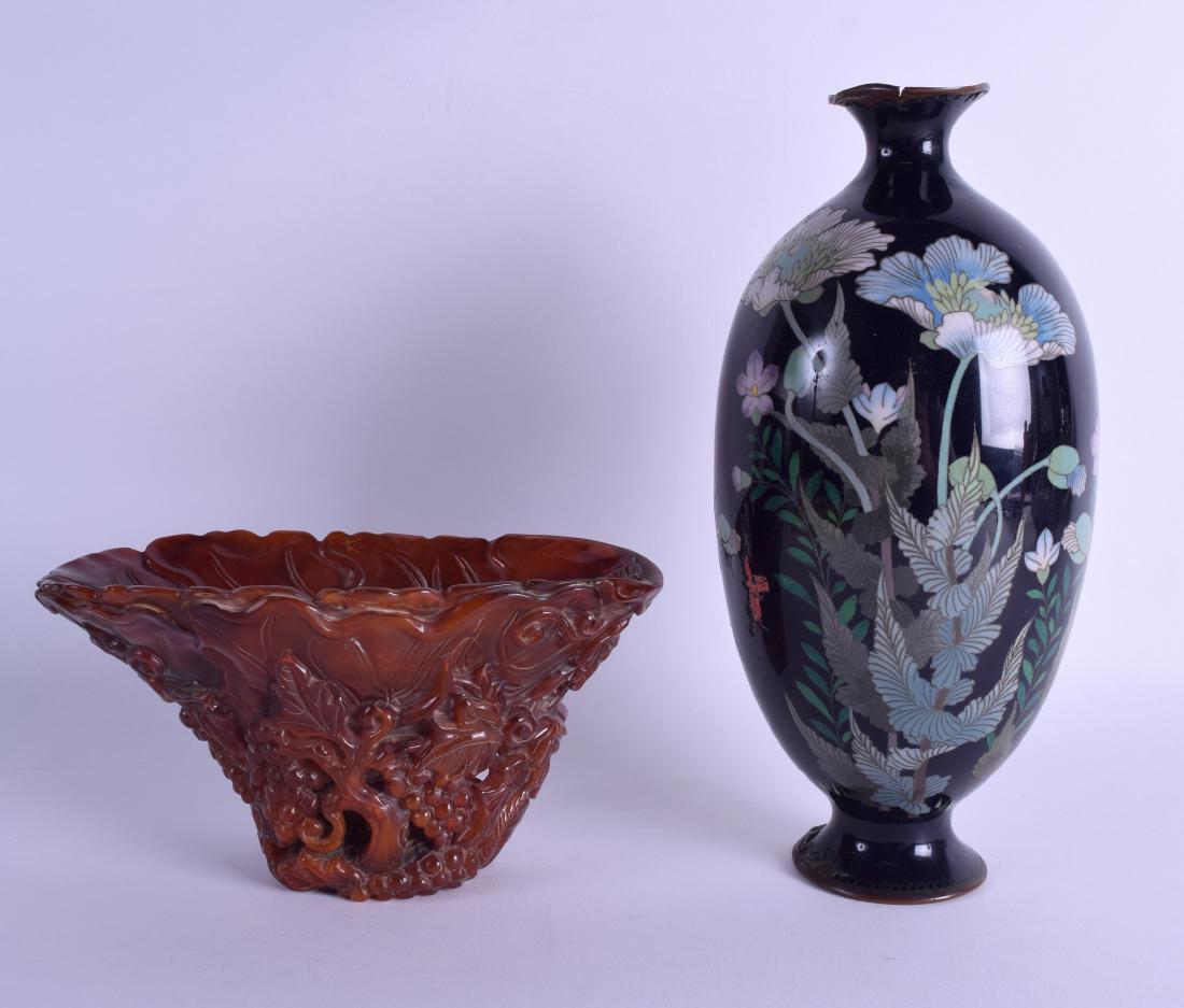 AN EARLY 20TH CENTURY JAPANESE MEIJI PERIOD CLOISONNE: AN EARLY 20TH CENTURY JAPANESE MEIJI PERIOD CLOISONNE ENAMEL VASE together with a libation cup carved with berries and vines. Vase 26 cm high, cup 18 cm x 10 cm. (2)