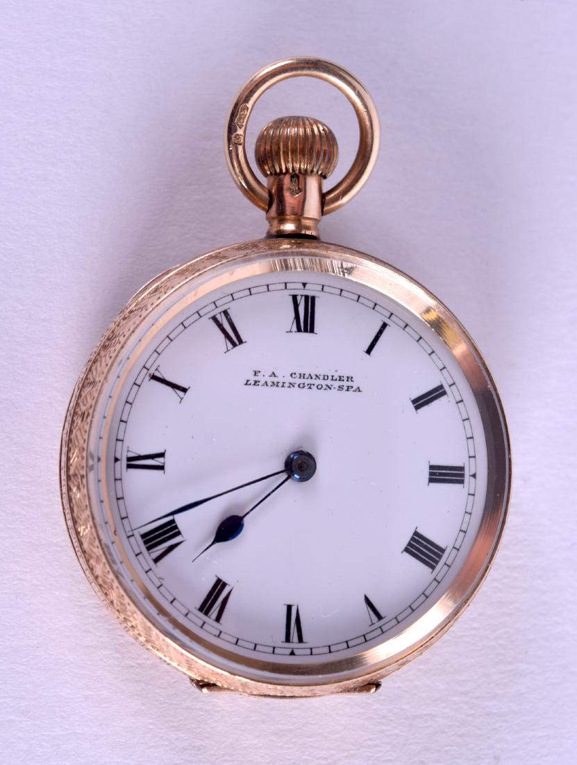 AN EDWARDIAN 9CT GOLD F A CHANDLER LADIES FOB WATCH.: AN EDWARDIAN 9CT GOLD F A CHANDLER LADIES FOB WATCH. 27.1 grams overall. 3 cm diameter.