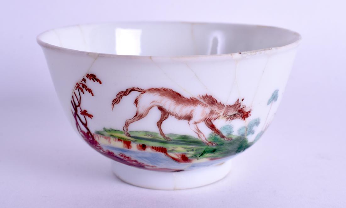 AN 18TH CENTURY CHINESE TEABOWL probably London: AN 18TH CENTURY CHINESE TEABOWL probably London decorated, painted with the Wolf & Lamb, by Jefferyes Hamett O'Neale. 8 cm wide. Note: See Stephen Hanscombe, Jefferyes Hamett O'Neale, plate 23 or a Ch