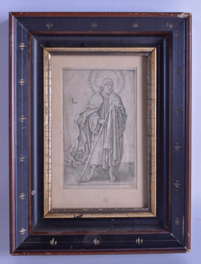 A FRAMED 17TH CENTURY ENGRAVING in the manner of: A FRAMED 17TH CENTURY ENGRAVING in the manner of Albrecht Durer, depicting a saint. Image 8 cm x 12 cm.