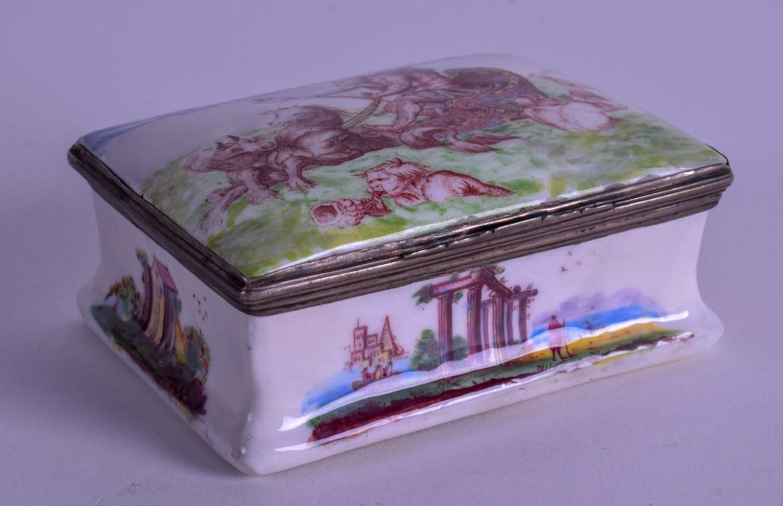 AN 18TH CENTURY RECTANGULAR ENAMEL BOX AND COVER: AN 18TH CENTURY RECTANGULAR ENAMEL BOX AND COVER painted with figures upon a chariot. 8.5 cm x 6.5 cm.
