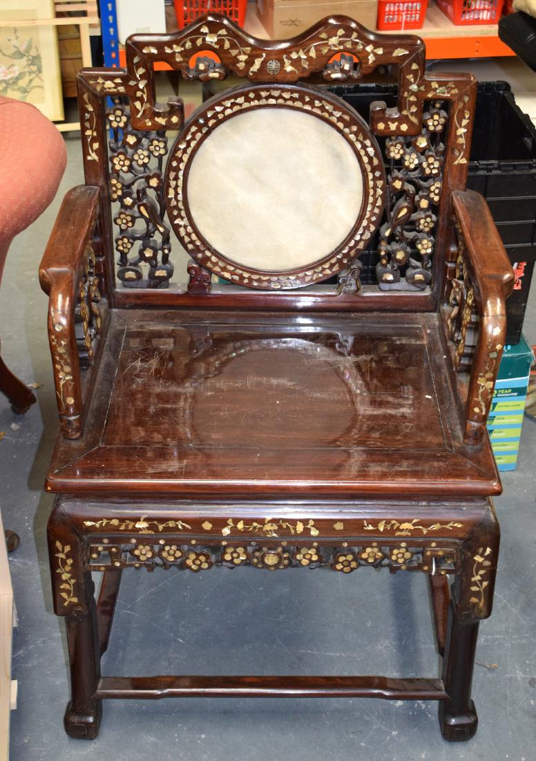 A 19TH CENTURY CHINESE HONGMU AND MOTHER OF PEARL CHAIR: A 19TH CENTURY CHINESE HONGMU AND MOTHER OF PEARL CHAIR decorated with foliage and vines. 92 cm x 60 cm.