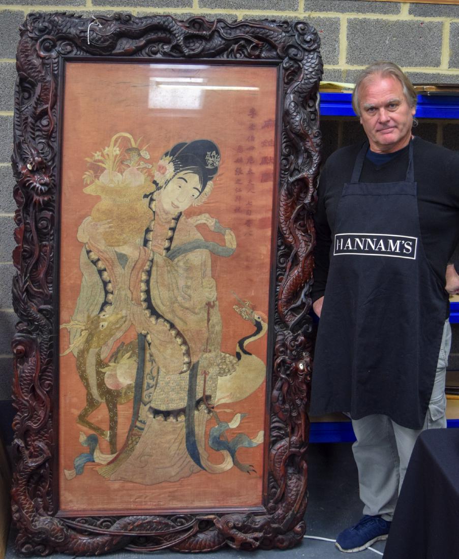 A VERY LARGE 19TH CENTURY JAPANESE MEIJI PERIOD: A VERY LARGE 19TH CENTURY JAPANESE MEIJI PERIOD SILKWORK PANEL within a lovely carved hardwood dragon frame. Silk 160 cm x 73 cm.