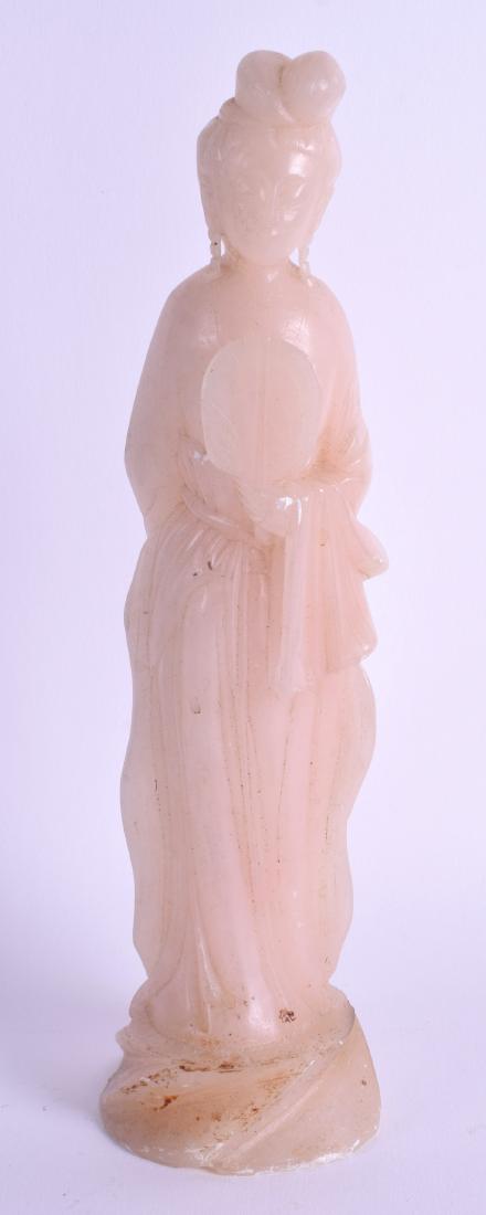 A 19TH CENTURY CHINESE CARVED SOAPSTONE FIGURE OF A: A 19TH CENTURY CHINESE CARVED SOAPSTONE FIGURE OF A FEMALE modelled holding a fan. 23 cm high.