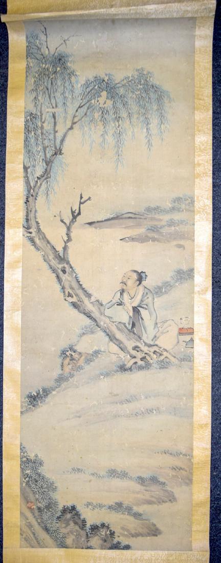 A 19TH CENTURY JAPANESE MEIJI PERIOD SCROLL depicting a: A 19TH CENTURY JAPANESE MEIJI PERIOD SCROLL depicting a scholar in a landscape. Image 97 cm x 31 cm.