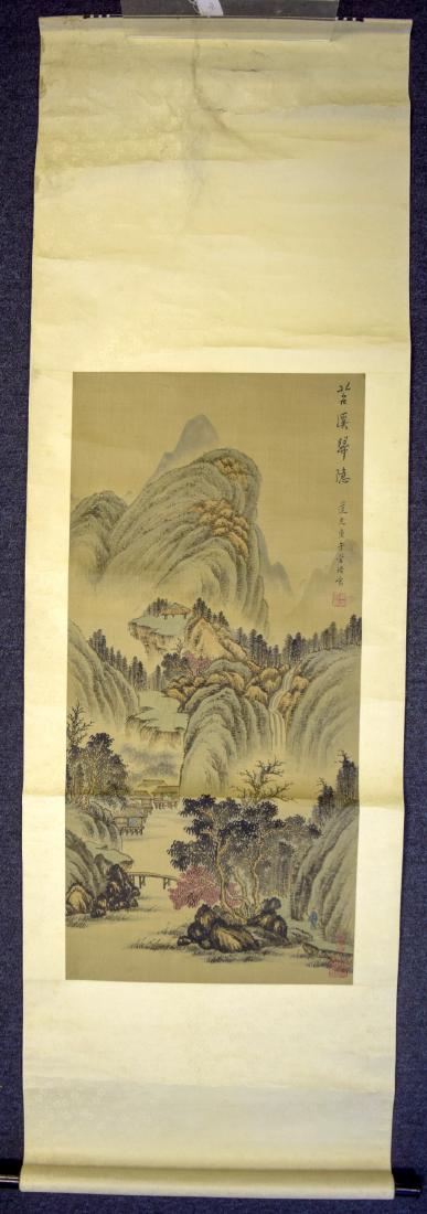 A CHINESE QING DYNASTY SCROLL possibly painted by Wang: A CHINESE QING DYNASTY SCROLL possibly painted by Wang Xue Hao (1754-1832) in the year of Gen Wu (1810). Image 88 cm x 42 cm.