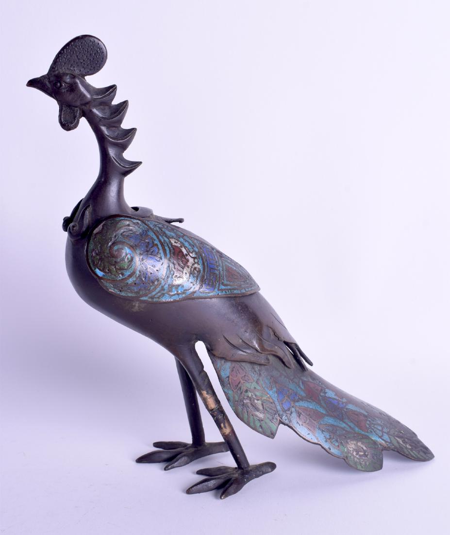 A 19TH CENTURY JAPANESE MEIJI PERIOD BRONE CHAMPLEVE: A 19TH CENTURY JAPANESE MEIJI PERIOD BRONE CHAMPLEVE CENSER in the form of a bird. 24 cm high.