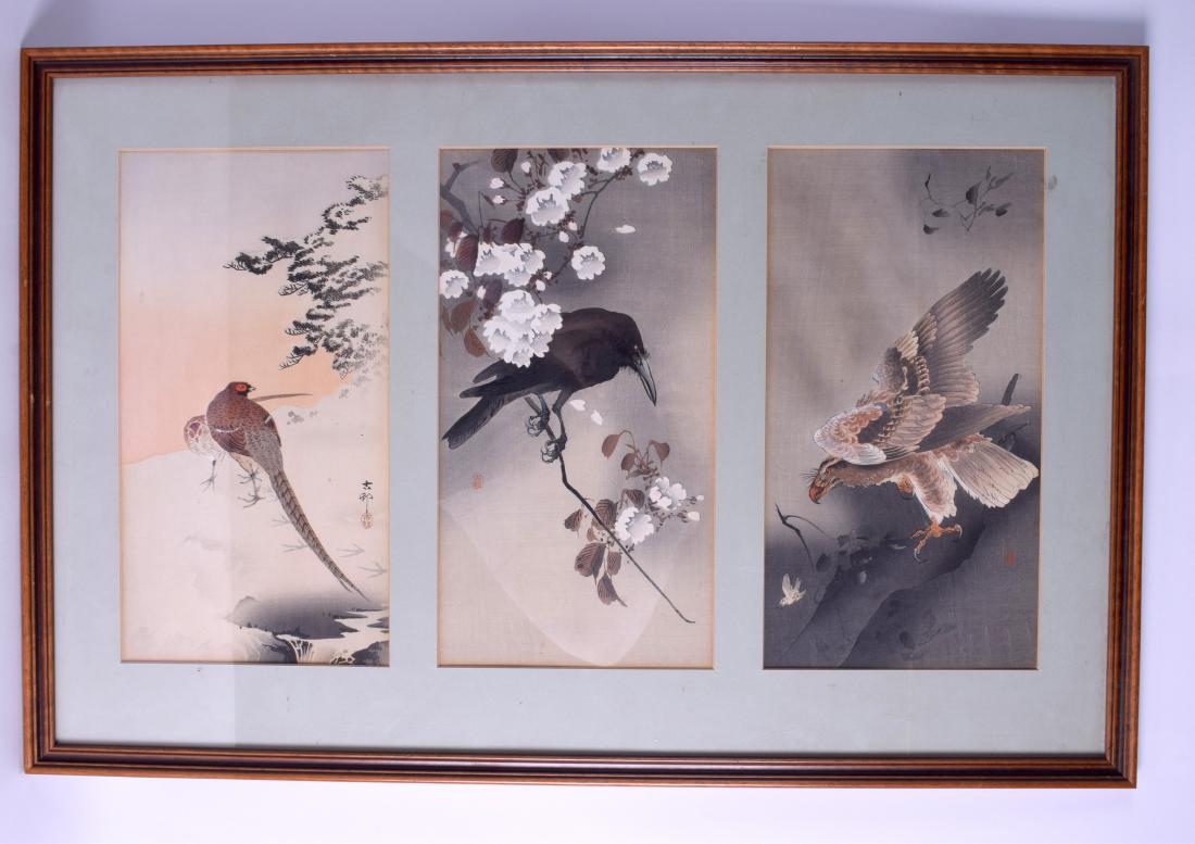 A 19TH CENTURY JAPANESE MEIJI PERIOD FRAMED WATERCOLOUR: A 19TH CENTURY JAPANESE MEIJI PERIOD FRAMED WATERCOLOUR TRIPTYCH depicting birds in various pursuits. Each image 18 cm x 34 cm.
