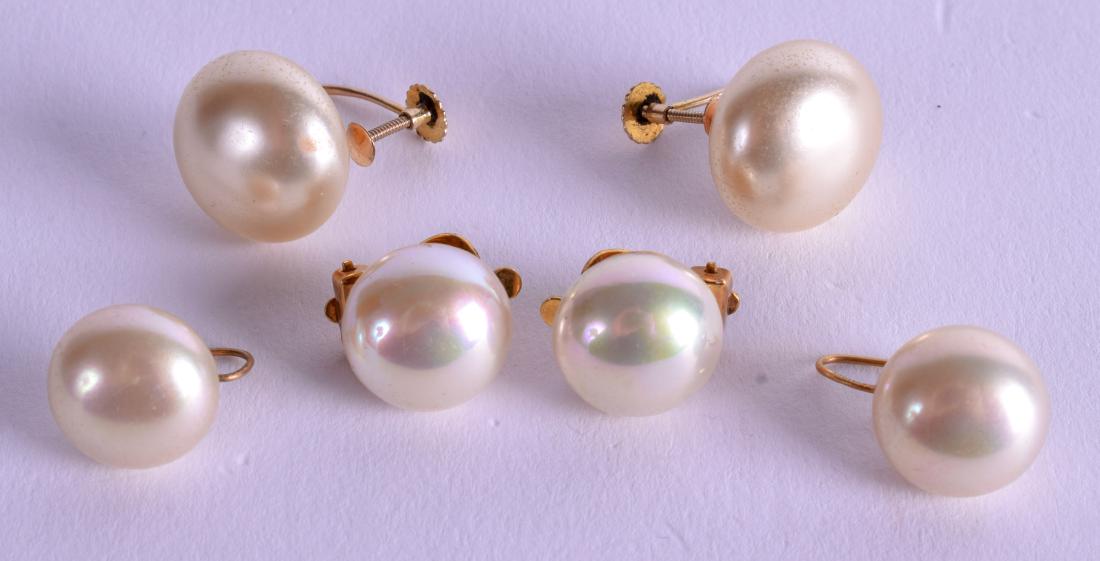 THREE PAIRS OF GOLD AND PEARL EARRINGS. (6) (1 of 2)