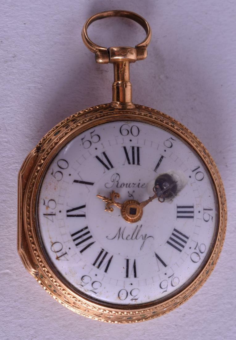 A FINE 18CT GOLD AND ENAMEL FOB WATCH by Rouzie Melly. (1 of 4)
